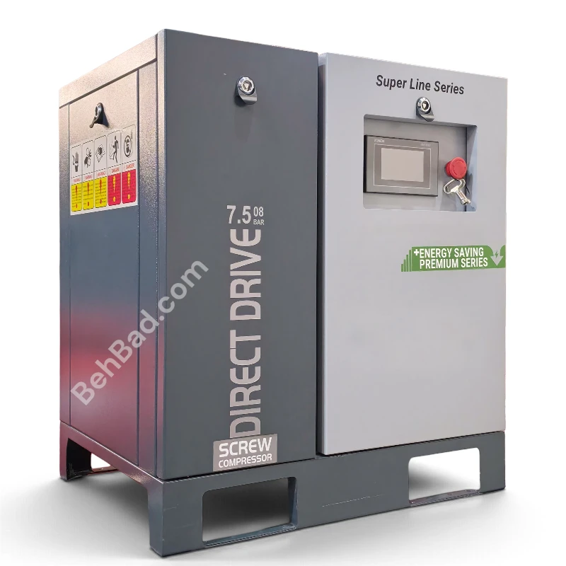 کمپرسور باد اسکرو 7.5 کیلووات 1000 لیتر در دقیقه Trycomp کوپل مستقیم اینورتر دار مدل Super line 7.5kw